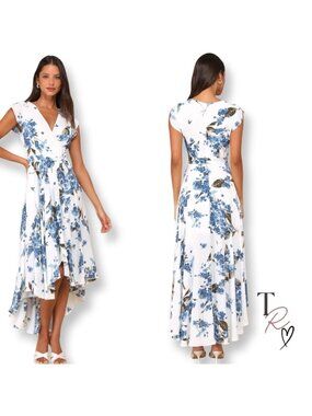 Lulus French Countryside White Floral Faux Wrap High Low Dress Size Small